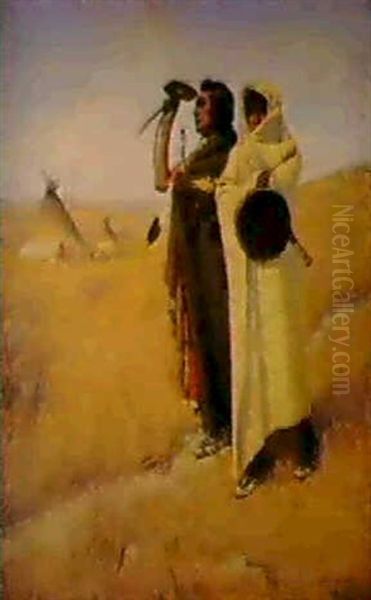 A Native American Scene Oil Painting by De Cost Smith