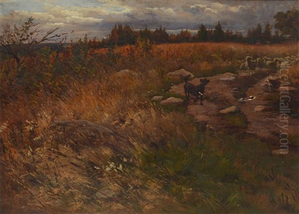 Autumnal Pastoral Landscape With A Dog & A Flock Of Sheep In A Trail Oil Painting by Elmer Boyd Smith