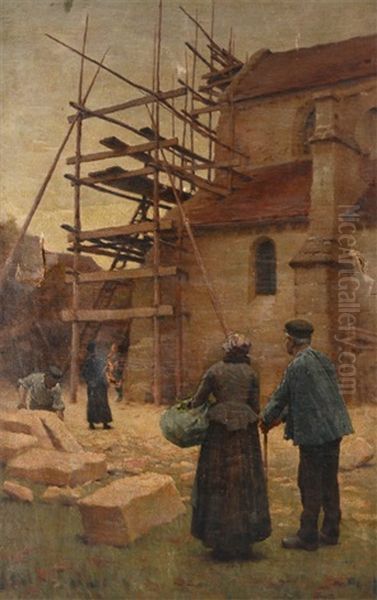 European Village Scene With Construction Scaffolding And Villagers Looking On Oil Painting by Elmer Boyd Smith