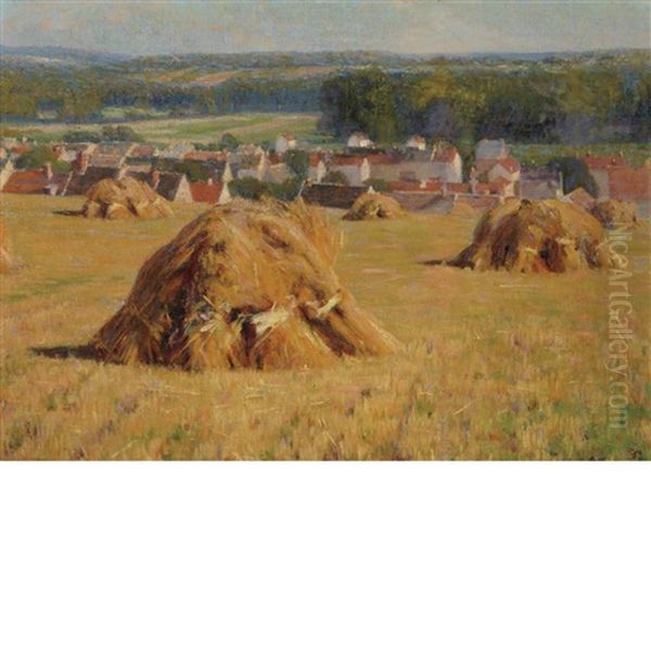 Haystacks In A Brittany Landscape Oil Painting by Elmer Boyd Smith