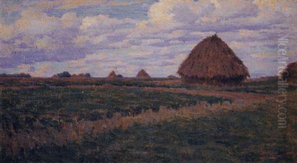 Haystacks In A Green Field Oil Painting by Elmer Boyd Smith