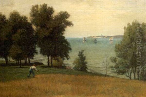 Landscape With A Man Scything Grass On A Hill Overlooking A Harbor Oil Painting by Frank Hill Smith