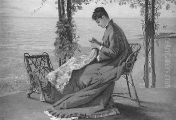 Sewing On The Veranda Oil Painting by Frank Hill Smith