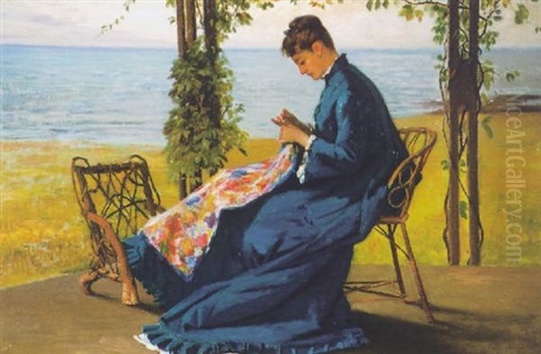 Sewing On The Veranda Oil Painting by Frank Hill Smith