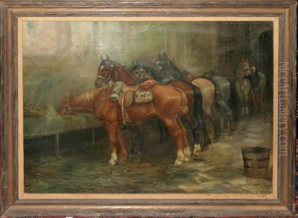 Horses In A Stable Oil Painting by Gean Smith