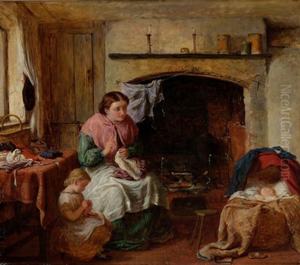 Interieur Mit Mutter Bei Der Naharbeit, Kleinem Madchen Und Kind In Der Wiege Oil Painting by George Smith