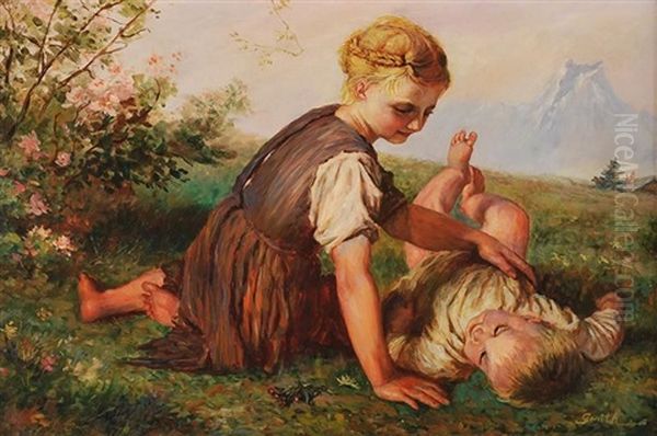 Children In A Landscape Oil Painting by George Smith