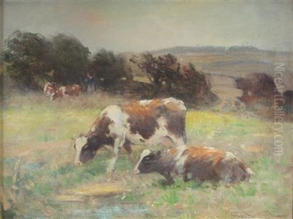 Cows Grazing In A Meadow Oil Painting by George Smith