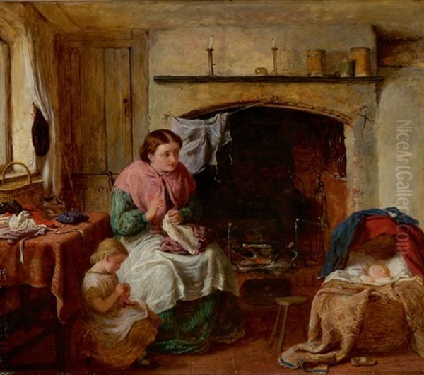 Interieur Mit Mutter Bei Der Naharbeit, Kleinem Madchen Und Kind In Der Wiege Oil Painting by George Smith