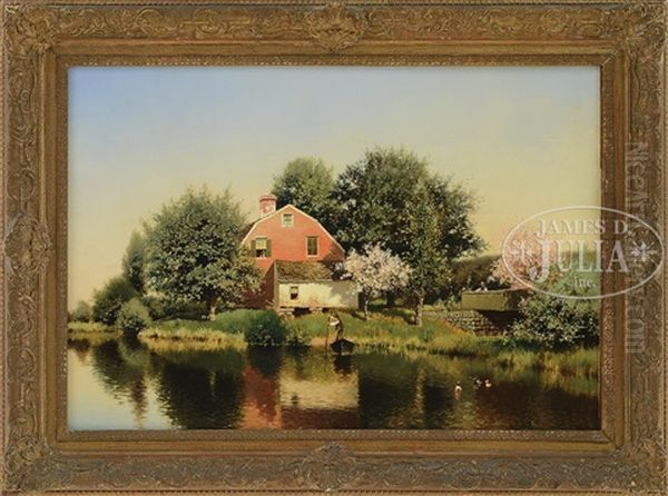 A Home By A Riverside Oil Painting by Henry Pember Smith