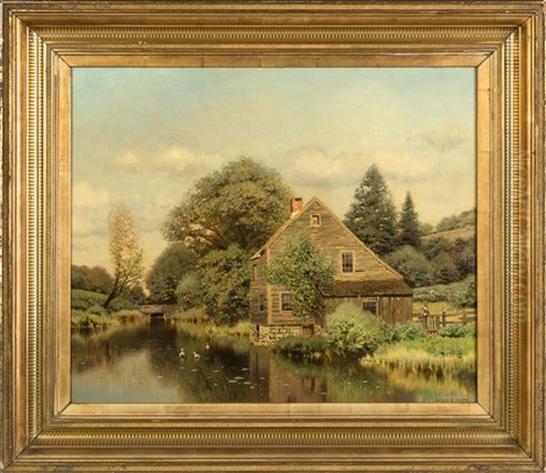 Cottage Near Stream With Figure And Ducks Oil Painting by Henry Pember Smith