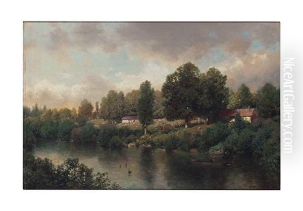 River Landscape With Ducks And Figure In A Boat by Henry Pember Smith