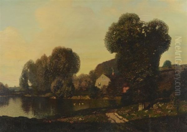 Country Cottage Landscape With Pond And Ducks Oil Painting by Henry Pember Smith