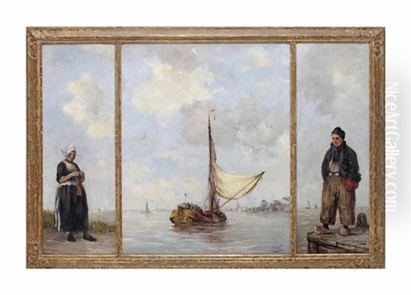 A Tryptych: A Vessel Sailing Near The Harbour (central Piece); And A Volendam Man; And A Volendam Woman At The Dock (outer Wings) Oil Painting by Hobbe Smith