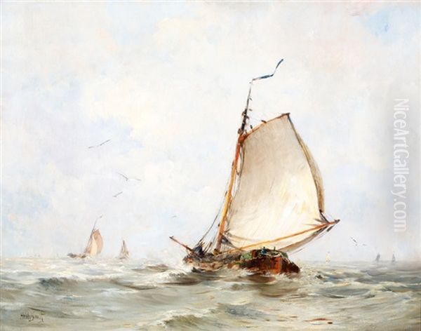 Visserboten Op Zee Oil Painting by Hobbe Smith