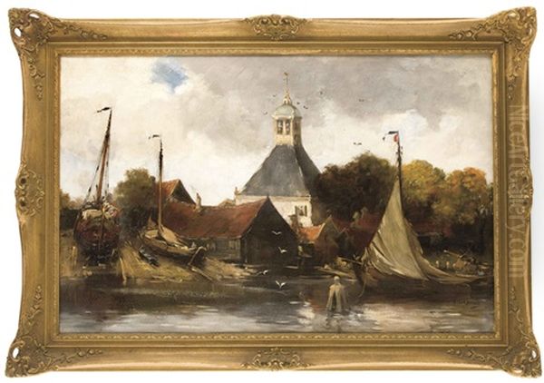 Kleine Dorfliche Werft Am Flus Mit Kirche Im Hintergrund Oil Painting by Hobbe Smith