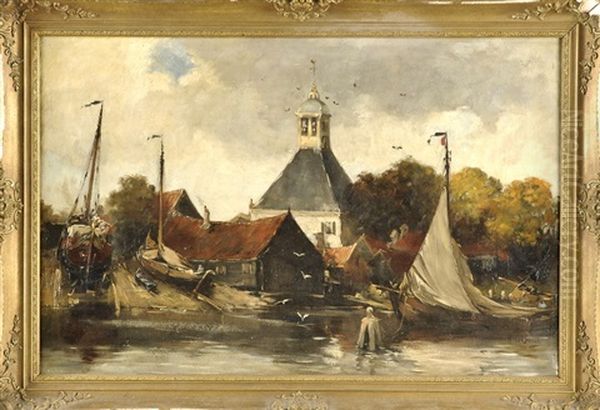 Kleine Dorfliche Werft Am Flus Mit Kirche Im Hintergrund Oil Painting by Hobbe Smith