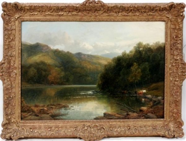 A River Scene With Cattle On The Shore by James Burrell Smith