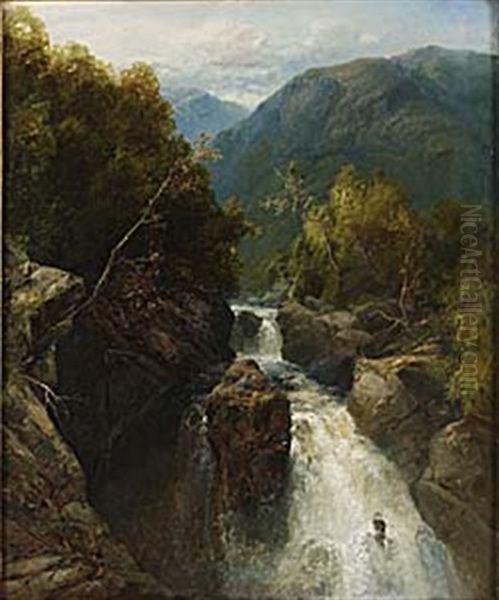 Hoglant Landskap Med Vattenfall Oil Painting by James Burrell Smith