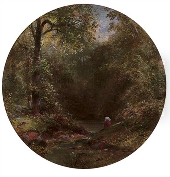 Figure On A Wooded Riverbank Oil Painting by James Burrell Smith