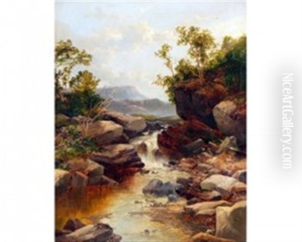 River Landscape With Waterfall Oil Painting by John Brandon Smith