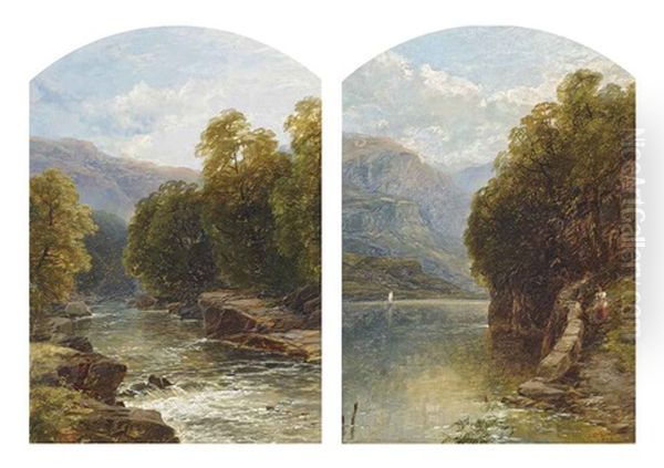 Figures On A Path By A Lake (+ A Wooded Stream; Pair) Oil Painting by John Brandon Smith