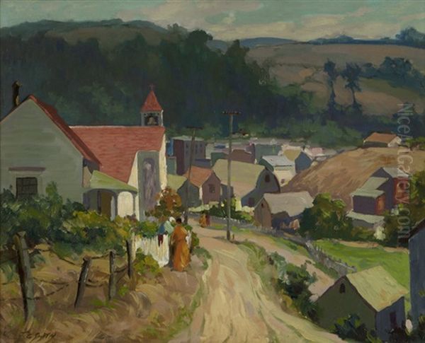 Cambria, Figures In Conversation At A House At The Edge Of Town Oil Painting by John Christopher Smith