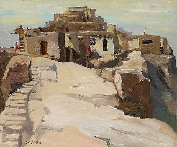 Pueblo Scene (acoma Pueblo?) Oil Painting by John Christopher Smith