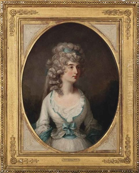 Portrait Of A Lady, Half-length, In A White Dress With Blue Trim Oil Painting by John Raphael Smith