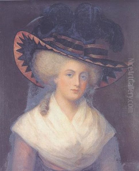 Portrait Of Mrs. Evans In White Fichu, Red Dress And Large Black Elegant Hat Oil Painting by John Raphael Smith