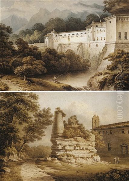 I Convento Della Trinita Presso Cava Dei Tirreni (+ Sepolcro Detto Degli Orazi E Curiazi Ad Albano; 2 Works) Oil Painting by John Warwick Smith