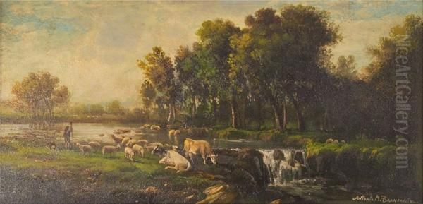 Paesaggio Fluviale Con Armenti E Pastore Oil Painting by Antonio M. Brancaccio