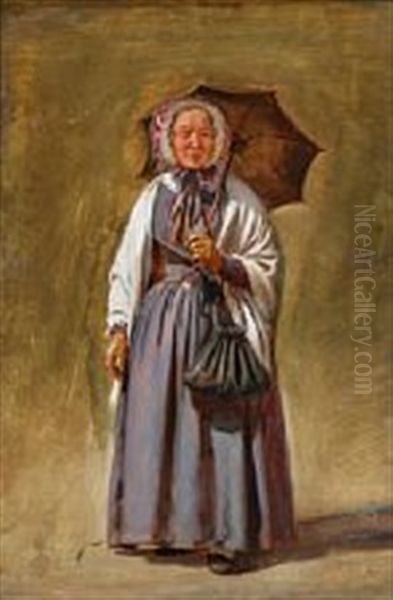 A Woman Holding An Umbrella Oil Painting by Ludwig August Smith