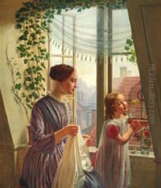 Interior With Mother And Child At The Window Oil Painting by Ludwig August Smith