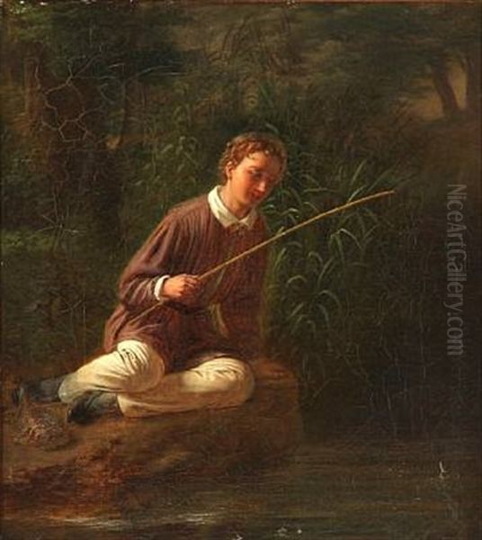 A Young Boy Fishing Oil Painting by Ludwig August Smith