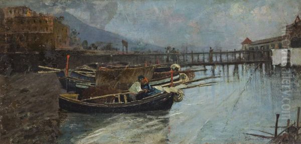 Barche In Riva Al Mare Con Pontile E Vesuvio Sullo Sfondo Oil Painting by Carlo Brancaccio