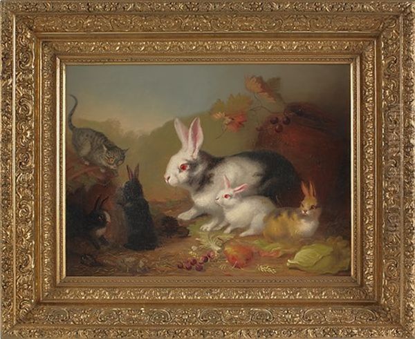 Rabbits And A Kitten Oil Painting by Mary Russell Smith