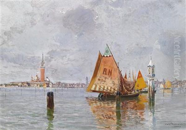 Fishing Boats In The Venetian Lagoon Oil Painting by Carlo Brancaccio