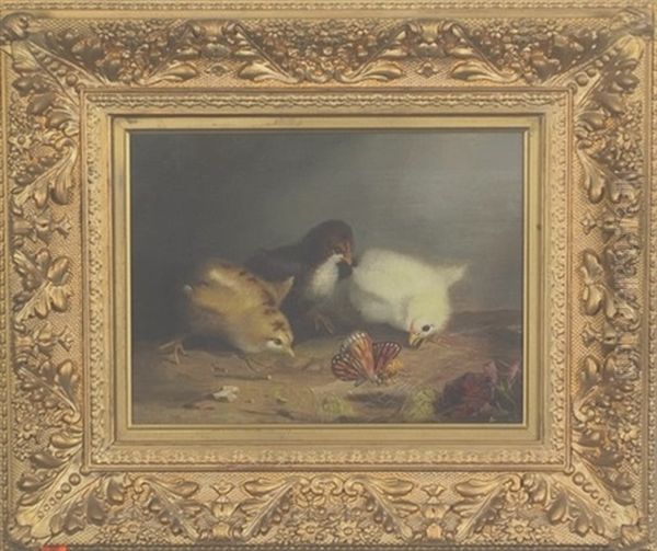 Three Chicks With Butterfly And Spider Oil Painting by Mary Russell Smith