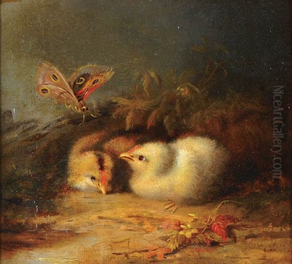 Spring Chicks And Butterfly Oil Painting by Mary Russell Smith