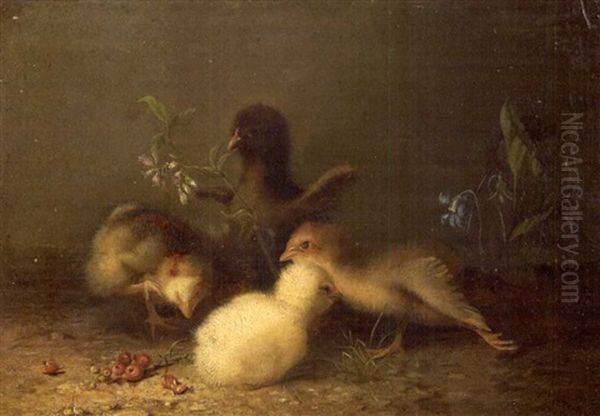 Four Chicks Oil Painting by Mary Russell Smith