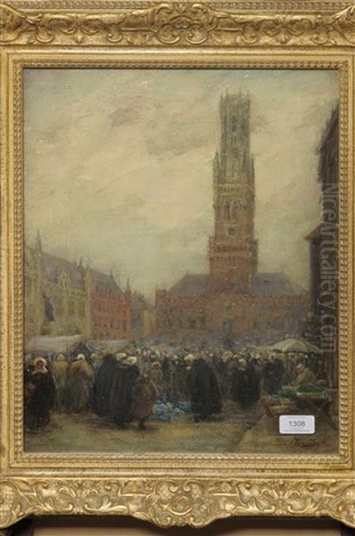 Belfry At Bruge, Market Day Oil Painting by Percy John Delf Smith