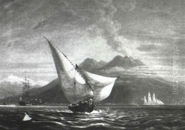 Sail Boat At Sea, With The Eruption Of Mt. Vesuvius by Robert Smith