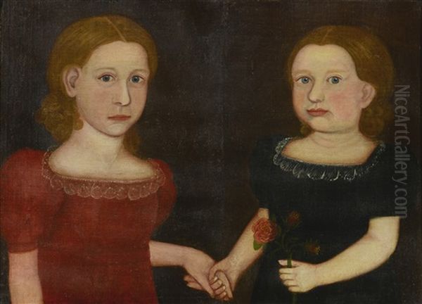 Double Portrait Of A Girl In A Red Dress And A Girl In A Blue Dress Holding Hands Oil Painting by Royall Brewster Smith