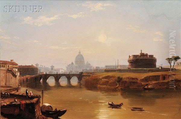 Views Of St. Peter's And The Castle And Bridge Of St. Angelo, Rome (2 Works) Oil Painting by Russell Smith