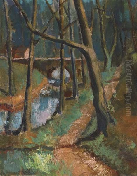 Riverside Path With Trees And Bridge Oil Painting by Sidney Smith