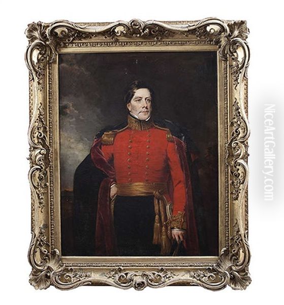 Portrait Of Lord Lorton, Standing Three-quarter Length Wearing Military Uniform, With Cape Oil Painting by Stephen Catterson Smith