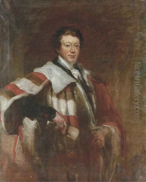 Portrait Of Daniel O'connell, Irish Nationalist Leader, Lord Mayor Of Dublin, Three-quarter-length, In Mayoral Robes, Holding A Scroll In His Right Hand Oil Painting by Stephen Catterson Smith