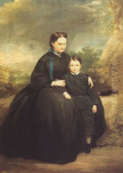 Portrait Of A Lady With Her Son In A Landscape Oil Painting by Stephen Catterson Smith