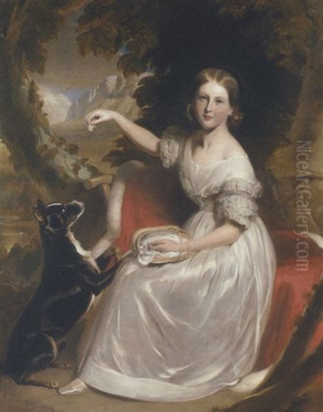 Portrait Of Marianne Gage, Seated On A Red Cloak Trimmed With Ermine, Feeding A Dog In A Wooded Mountain Landscape Oil Painting by Stephen Catterson Smith